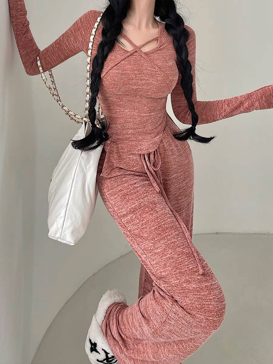 YoungGirlDay pure lust style slim-fitting long-sleeved T-shirt high-waisted drawstring casual pants floor-length trousers suit (B1812)