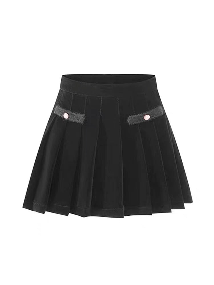 Juicecola Black Velvet Pleated Skirt Women's Autumn and Winter High Waist Slim Small College A-Line Skirt Short