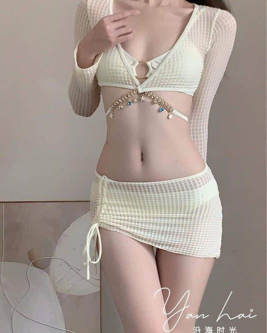 Swimsuit women's bikini women's four-piece set 2023 new fashion skirt style hollow conservative seaside hot spring