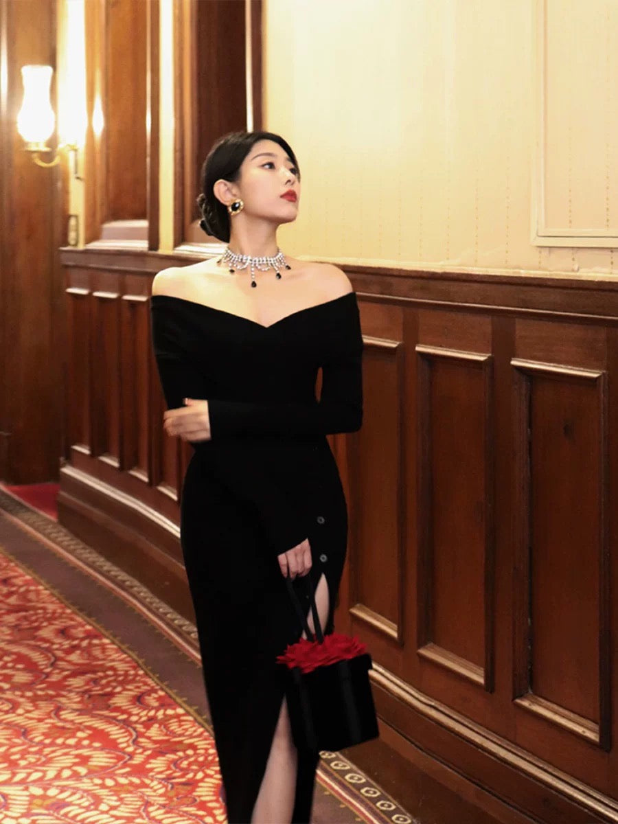 Thirteen and Little Black Knitted Dress Women's Autumn and Winter One Shoulder Slit Slim Fit French Long Dress