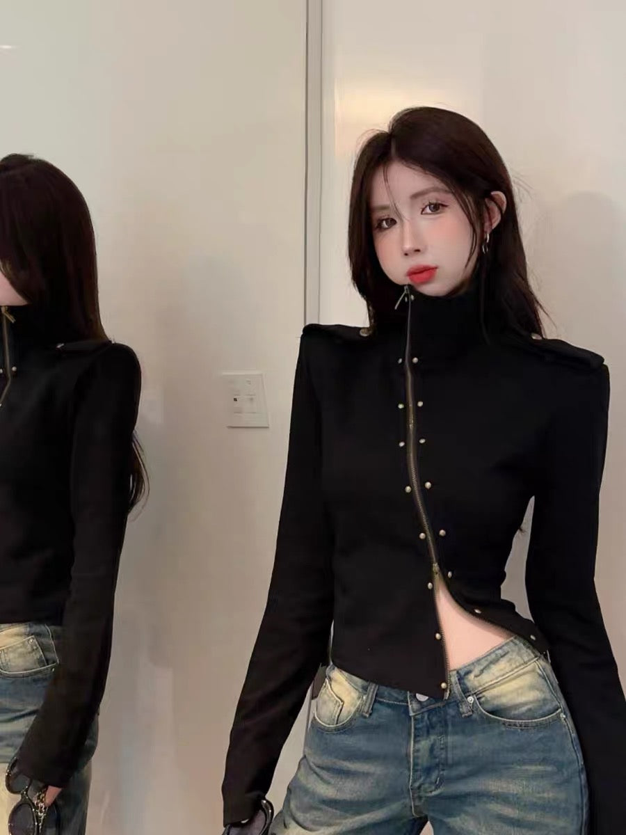American autumn and winter retro design half-high collar diagonal double zipper rivet sweatshirt jacket women's short cardigan long-sleeved top