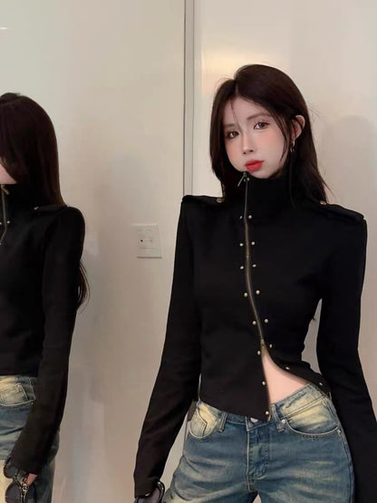 American autumn and winter retro design half-high collar diagonal double zipper rivet sweatshirt jacket women's short cardigan long-sleeved top