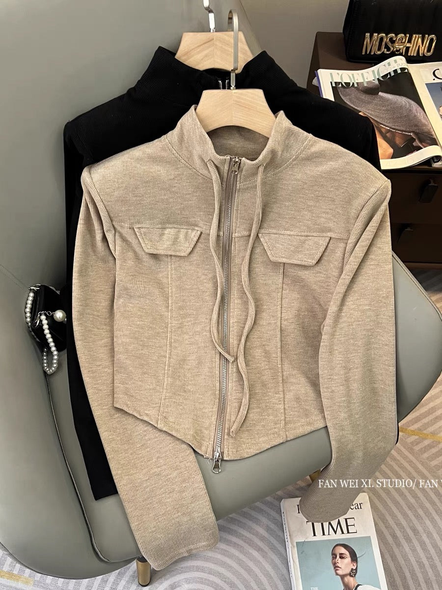 2023 new autumn and winter design versatile lace-up shoulder pads stand-up collar corduroy jacket for women petite short top (B2218)