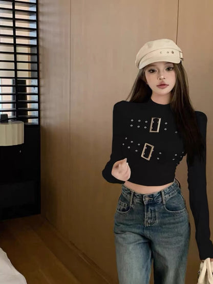 Functional style cool hot girl half-high collar metal button long-sleeved bottoming shirt for women retro high-end tight slimming top