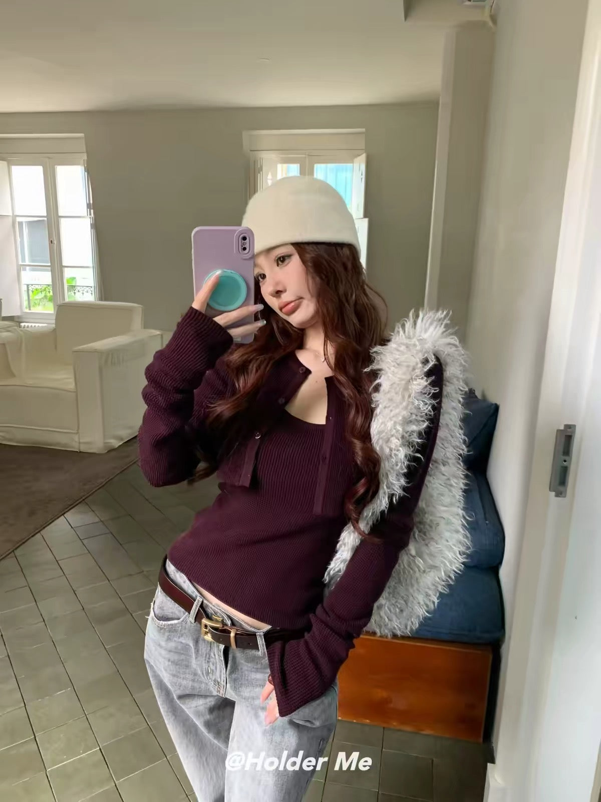 HOLDER 2026 Autumn/Winter Korean-Style Two-Piece Knitted Set: Waffle-Texture Long-Sleeve Cardigan with a Chic, Innocent-Yet-Alluring Camisole