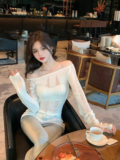 EUSKY IIWAN 2023 autumn and winter new hot girl long-sleeved hollow sweater slimming slim bottoming top for women (T908)