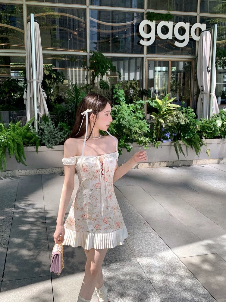 Black strawberry~ Retro one-shoulder printed dress