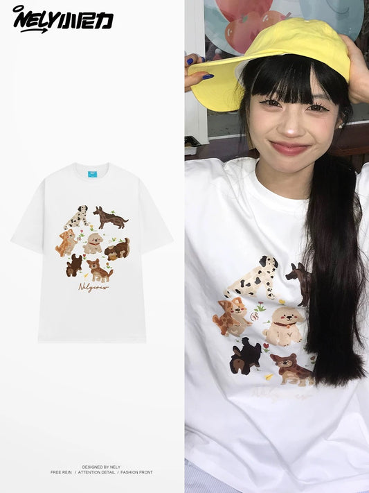 American cartoon cat print round neck short sleeve men and women summer 2025 couple pure cotton t-shirt half sleeve bottoming shirt trend