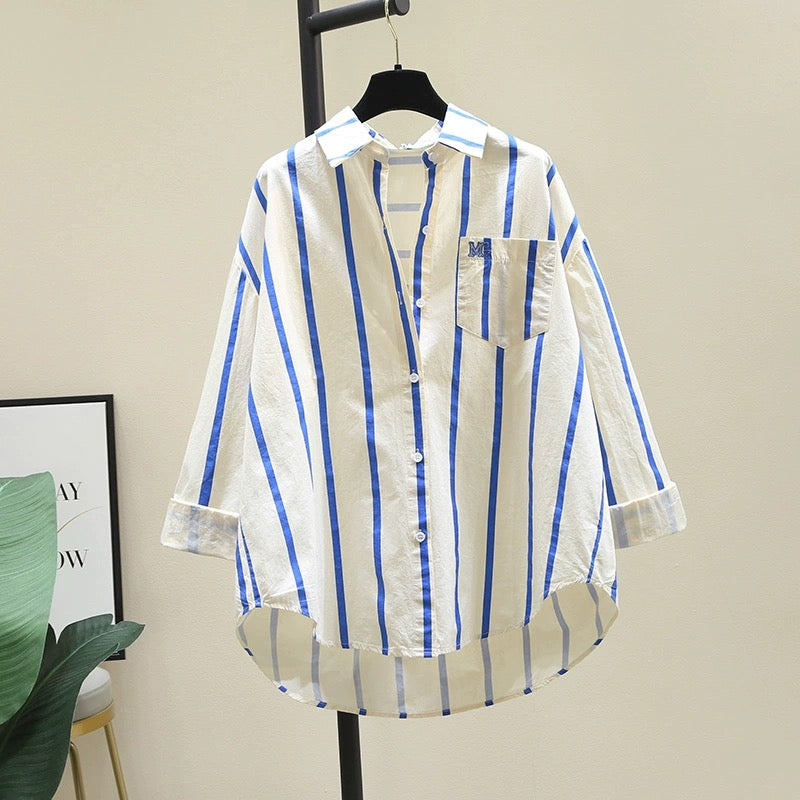 Age-reducing green striped shirt for women 2024 spring and autumn new Korean loose casual long-sleeved shirt sunscreen top
