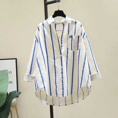 Age-reducing green striped shirt for women 2024 spring and autumn new Korean loose casual long-sleeved shirt sunscreen top