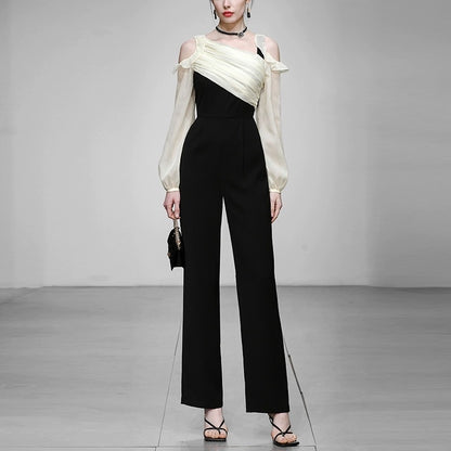 Autumn women's clothing 2023 new fashion contrasting color lantern sleeves high waist jumpsuit jumpsuit wide leg pants trousers trousers