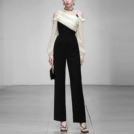 Autumn women's clothing 2023 new fashion contrasting color lantern sleeves high waist jumpsuit jumpsuit wide leg pants trousers trousers