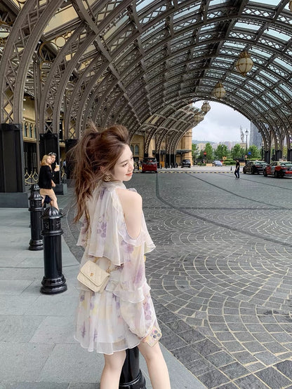 Fish Rabbit Rabbit Halter Neck Dress 2023 New Female Butterfly Lace Loose Temperament Long-sleeved Sunscreen Skirt