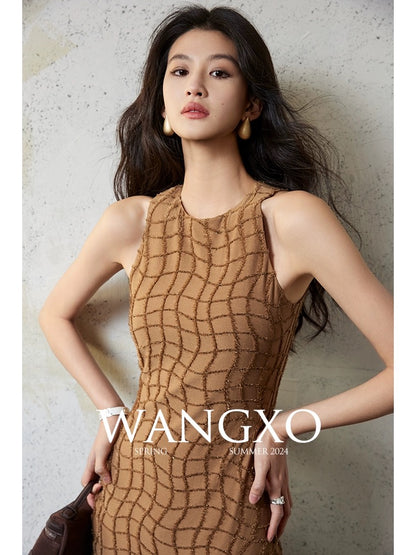 WANGXO丨Customized stretch bright silk tassel check丨Sleeveless/short-sleeved round neck waist dress