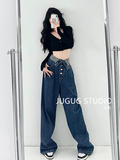 European and American style ultra-wide-leg jeans women's high-waisted loose-fitting slim design waistband cuffed wide-leg floor-mopping trousers trendy