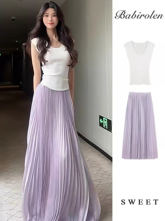 Summer French-style vintage-inspired purple pleated midi skirt set—featuring a high-waisted, slimming, and flowy design with a soft, elegant aesthetic.