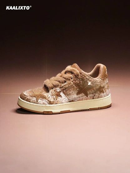 Kaalixto rough diamond gradient brown star shoes sneakers national trend autumn and winter low-top versatile breathable warm casual shoes