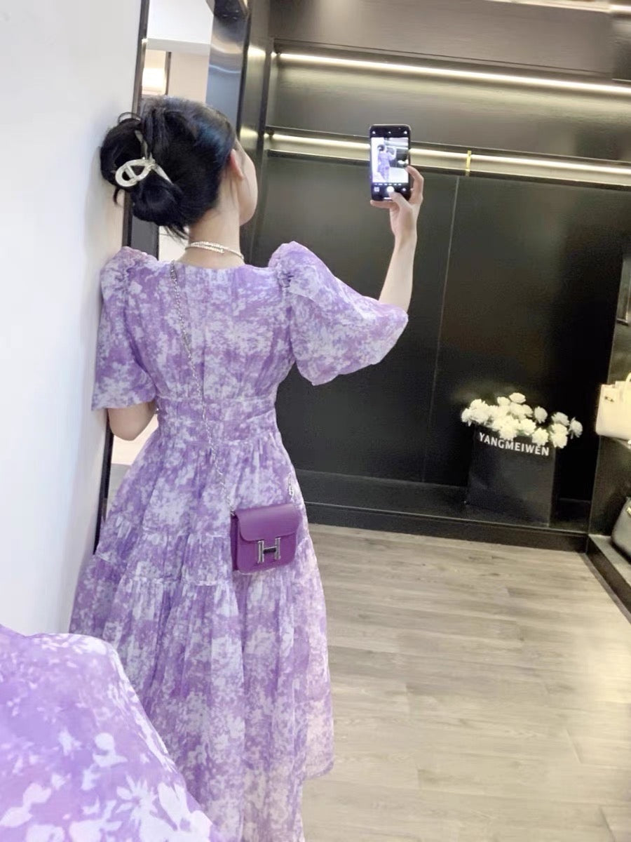 Leathercat dress 2023 new women's summer high-end sense French sweet waist slimming long skirt