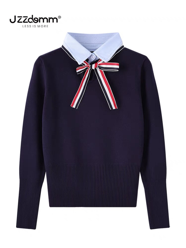 Jiuzhou Chengpin/JZZDEMM three-color bow lapel fake two-piece pullover female Korean style waist slim fit top