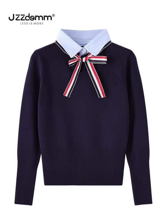 Jiuzhou Chengpin/JZZDEMM three-color bow lapel fake two-piece pullover female Korean style waist slim fit top