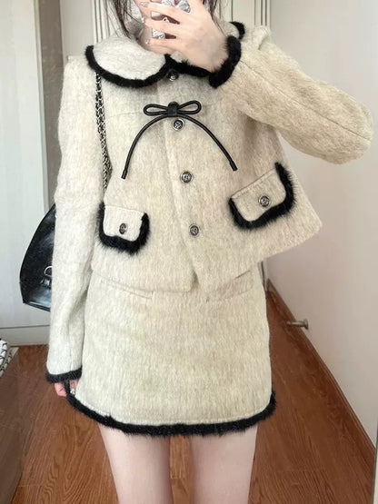 Small fragrant bow contrast color coat two-piece set for women 2023 autumn and winter high-waisted skirt high-end western style suit T9696
