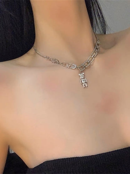 Super A~ rhinestone bear multi-element necklace Cuban exquisite necklace female niche design clavicle chain ins hip-hop style