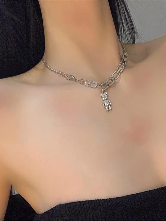 Super A~ rhinestone bear multi-element necklace Cuban exquisite necklace female niche design clavicle chain ins hip-hop style