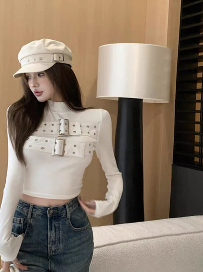 Functional style cool hot girl half-high collar metal button long-sleeved bottoming shirt for women retro high-end tight slimming top