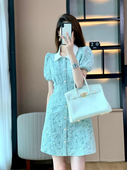 2023 new high-end French style puff-sleeved polo-neck dress for women with niche summer design