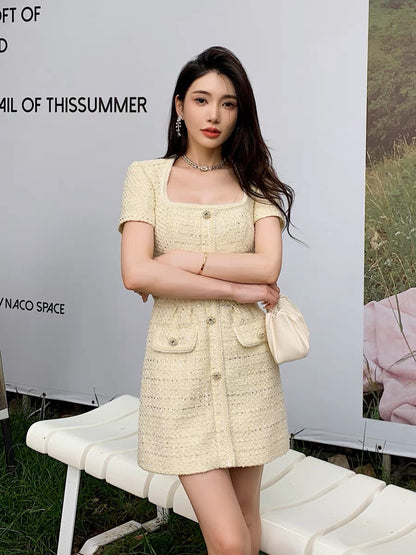Internet celebrity popular rich daughter lemon yellow short-sleeved small fragrant dress women's summer new slim short skirt (D167)