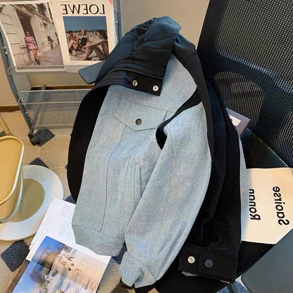American trend color contrast denim stitching jacket coat men and women autumn fashion loose casual couple cardigan top