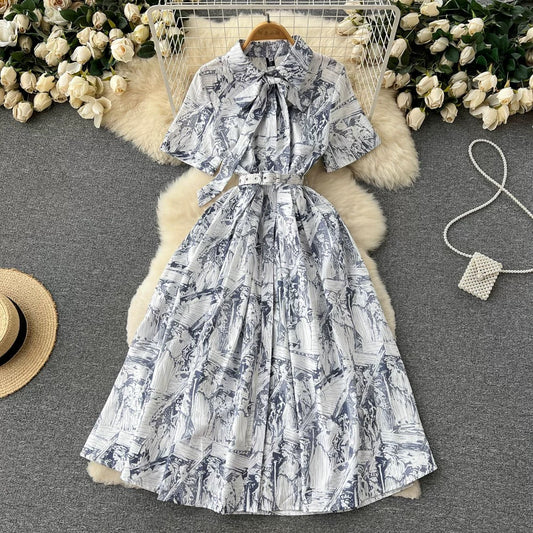 French dress 2022 summer new elegant temperament floral lace waist stunning high-end A-line long skirt