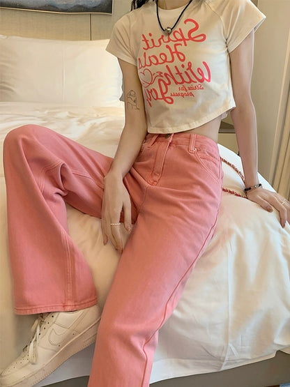 Design niche love pink straight jeans for women 2024 new spring small high-waisted slim pants