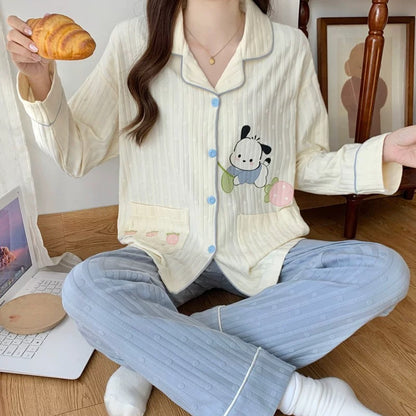 Pajamas women summer cardigan long-sleeved trousers suit summer ladies 2024 new cartoon spring autumn winter home clothes