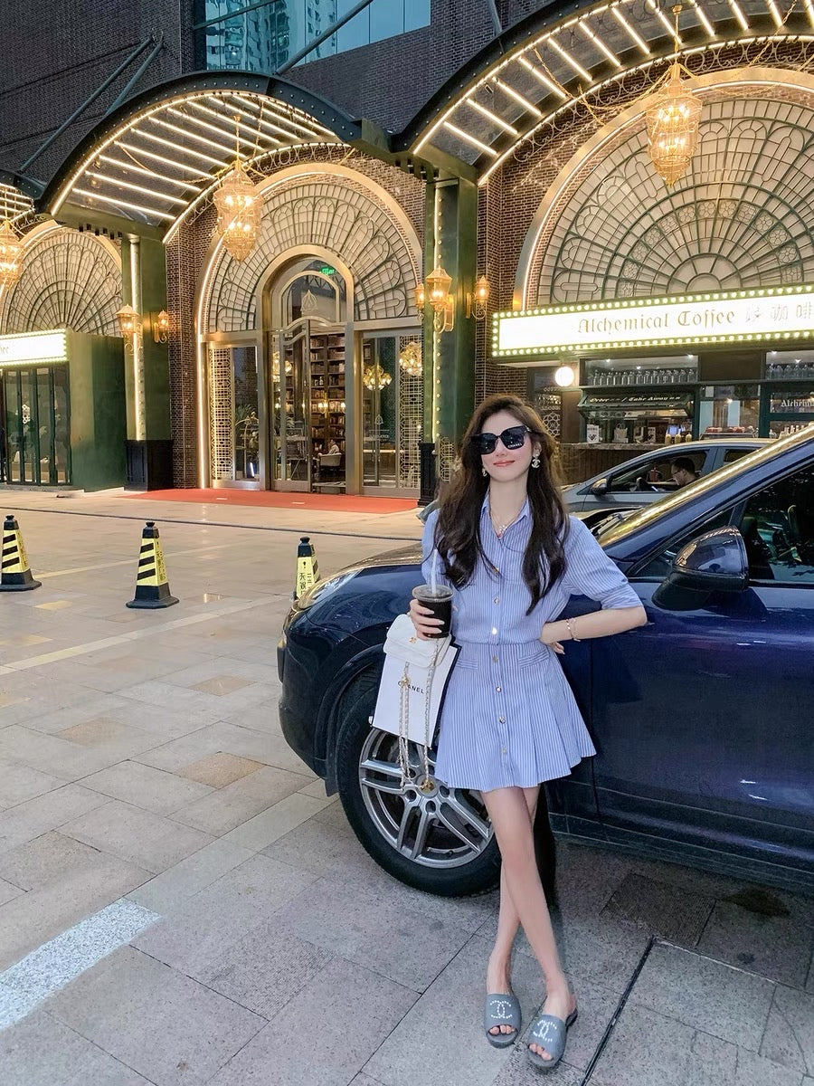 Fish Rabbit's Rabbit Shirt Dress 2023 new women's striped short-sleeved slim waist temperament a-line skirt