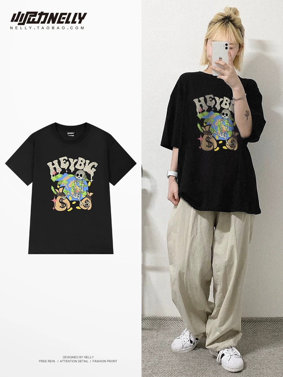 Summer new short-sleeved T-shirt oversize trendy brand punk skull print American round neck hip-hop half-sleeve for men and women