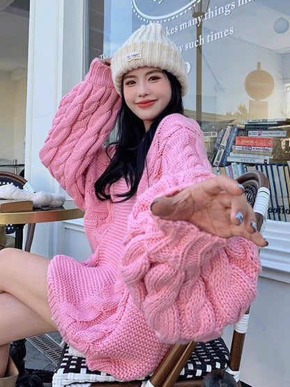 Pink soft and glutinous twist sweater for women autumn and winter 2023 new Korean style gentle mid-length lazy style sweater V1145