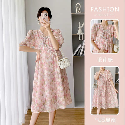 Maternity summer dress new summer fashion sweet floral V-neck belly-covering chiffon maternity dress long style
