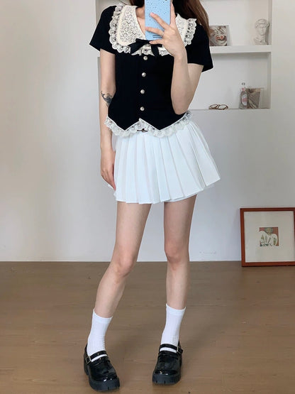 RENA sweet hot girl preppy style design sense solid color high waist slim fit pleated A-line anti-skid skirt