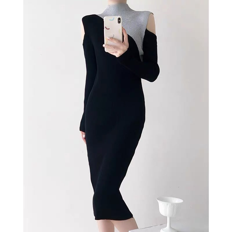 Long-sleeved black knitted bottoming dress for women autumn new slim fit high fashion chic sexy long dress D9293
