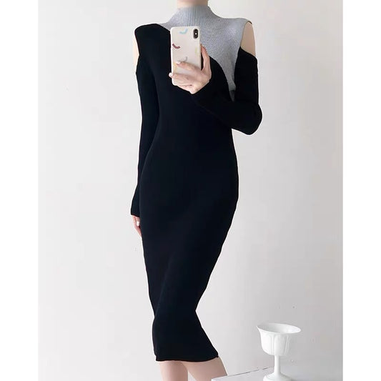 Long-sleeved black knitted bottoming dress for women autumn new slim fit high fashion chic sexy long dress D9293