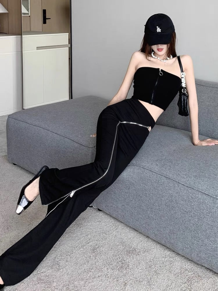 Autumn new high-end design dark style zippered tight horse hoof pants for women fashion slim casual pants (B3910)