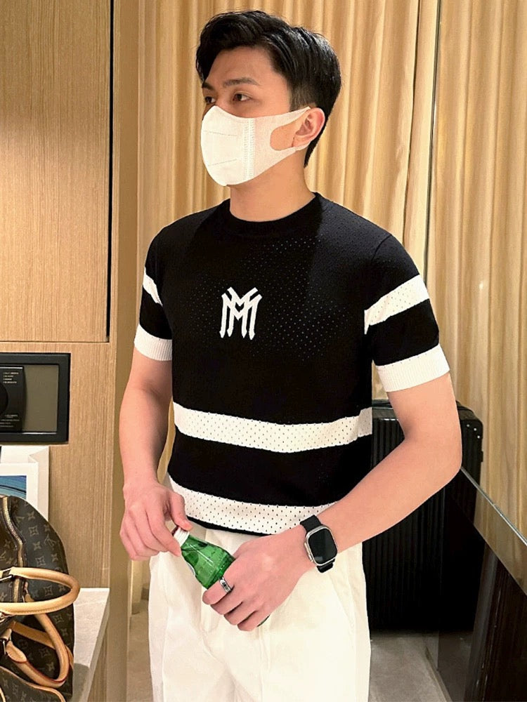 Summer trend embroidery color matching striped slim fit T-shirt men 2024 new casual mesh hollow knitted short sleeve men