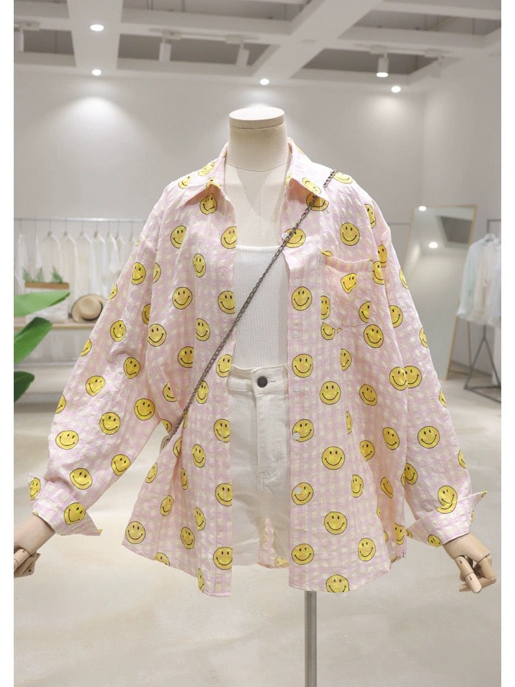 Breathable full body small smiley face printing 2024 summer loose medium and long cotton thin plaid long-sleeved shirt for women