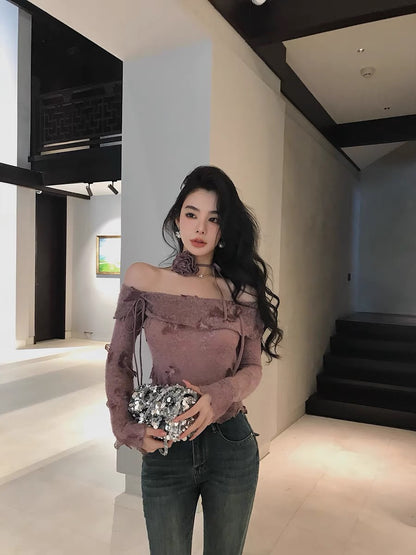 Qiu Rouyao's new autumn lace appliqué top design niche sweet one-line collar butterfly knitted sweater for women (B1913)