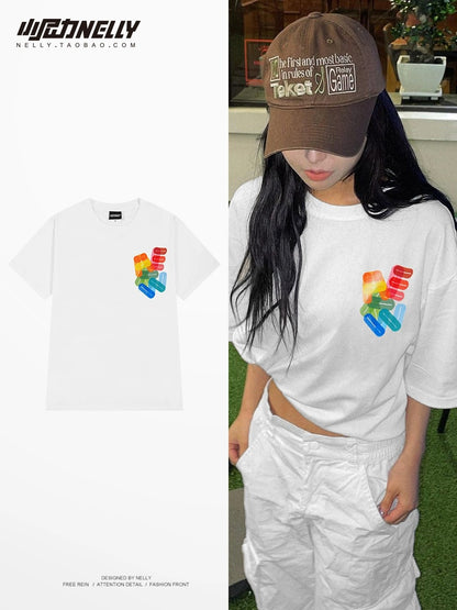 Pure cotton color letter short-sleeved T-shirt for men and women summer 2024 new half-sleeved top loose casual T-shirt tee trend
