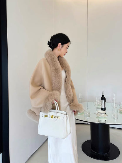Mid-length women's pure wool double-sided woolen fox fur collar fur republican style cape cheongsam shawl coat
