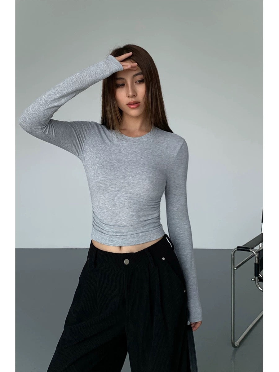 NEVA HU black long-sleeved tight T-shirt bottoming shirt for women Korean style niche slimming short top