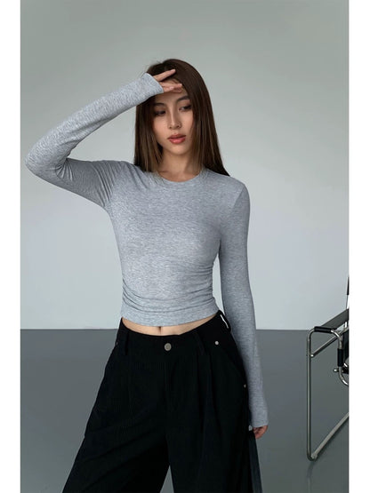 NEVA HU black long-sleeved tight T-shirt bottoming shirt for women Korean style niche slimming short top