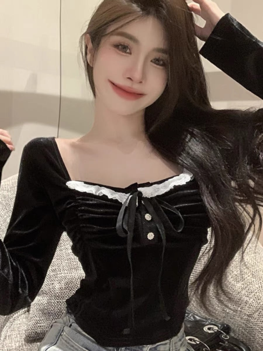 Sexy black velvet lace spliced fungus shirt for women in autumn and winter hottie strappy square collar bottoming long-sleeved top